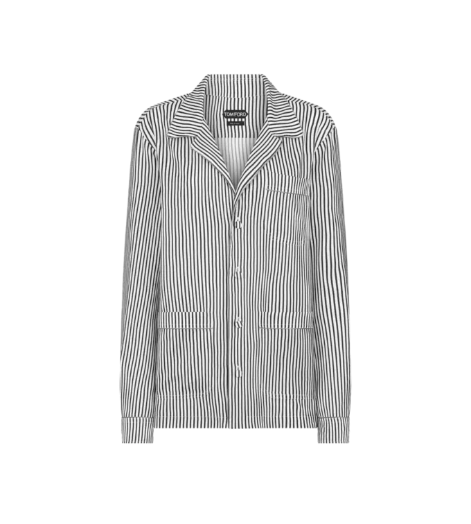 Striped Silk Pj Shirt with Piping and Tonal Tf Embroidered Logo Striped Silk Pj Shirt with Piping and Tonal Tf Embroidered Logo