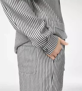 Striped Silk Pj Shirt with Piping and Tonal Tf Embroidered Logo