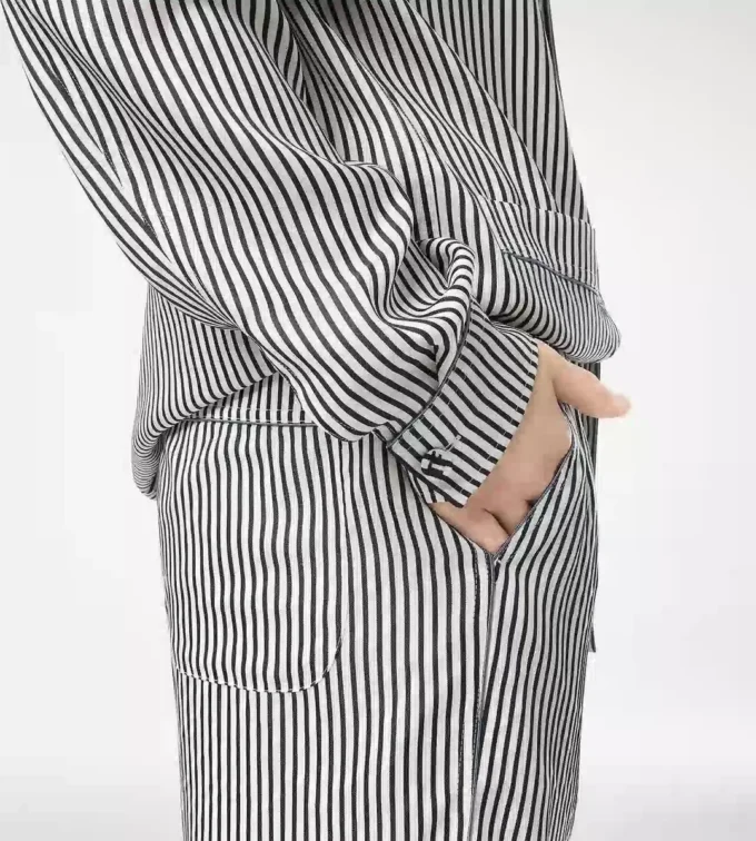 Striped Silk Pj Shirt with Piping and Tonal Tf Embroidered Logo Striped Silk Pj Shirt with Piping and Tonal Tf Embroidered Logo