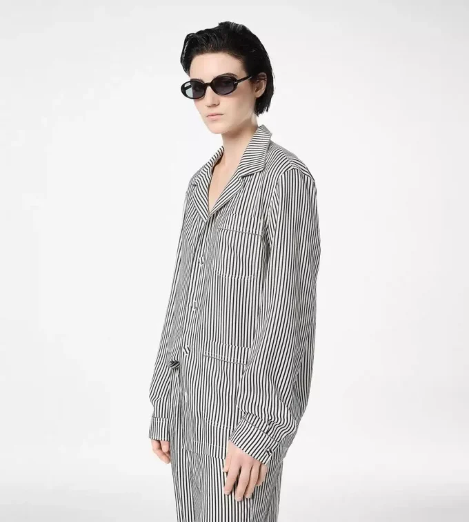 Striped Silk Pj Shirt with Piping and Tonal Tf Embroidered Logo Striped Silk Pj Shirt with Piping and Tonal Tf Embroidered Logo