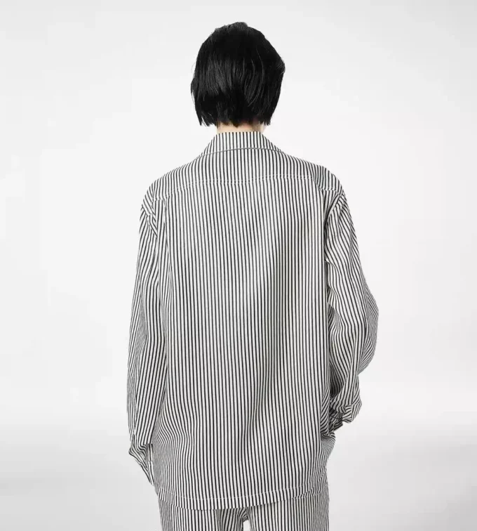 Striped Silk Pj Shirt with Piping and Tonal Tf Embroidered Logo Striped Silk Pj Shirt with Piping and Tonal Tf Embroidered Logo