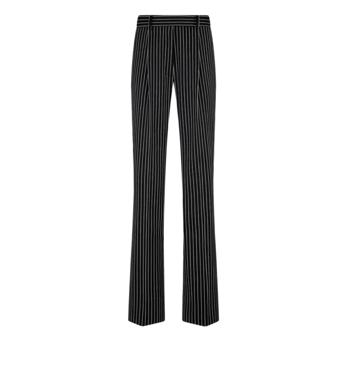Striped Wool Cotton Barathea Relaxed Pleated Straight Pants