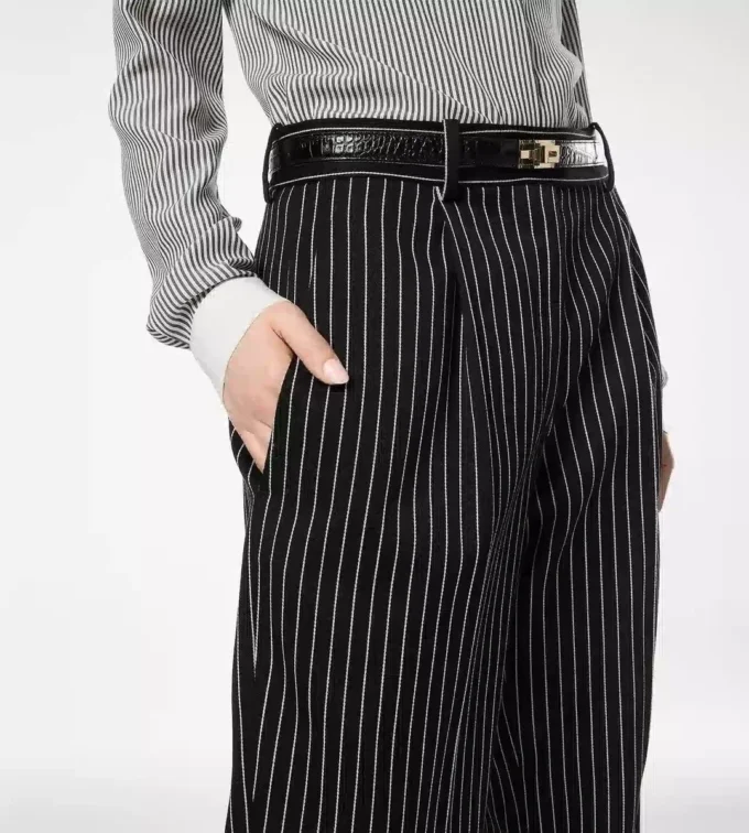 Striped Wool Cotton Barathea Relaxed Pleated Straight Pants