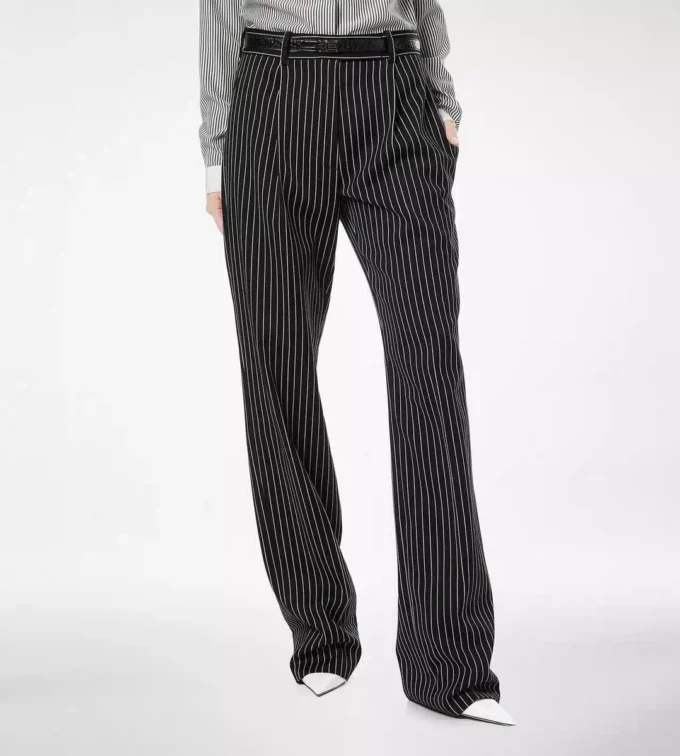 Striped Wool Cotton Barathea Relaxed Pleated Straight Pants
