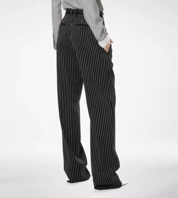 Striped Wool Cotton Barathea Relaxed Pleated Straight Pants