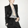Striped Wool Cotton Barathea Relaxed Pleated Straight Pants