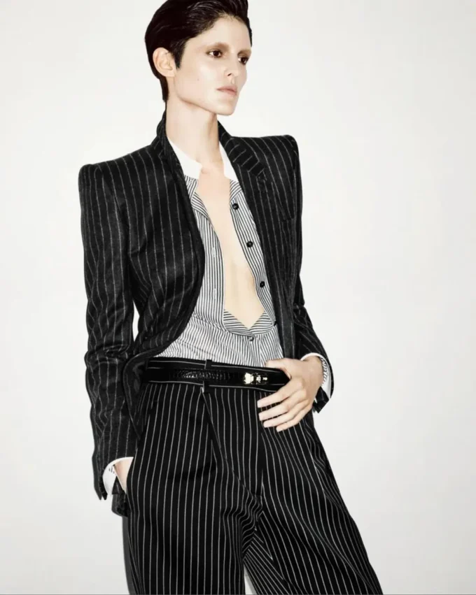 Striped Wool Cotton Barathea Relaxed Pleated Straight Pants