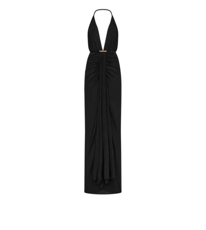 V-Neck Evening Dress with Draped Waterfall Detail