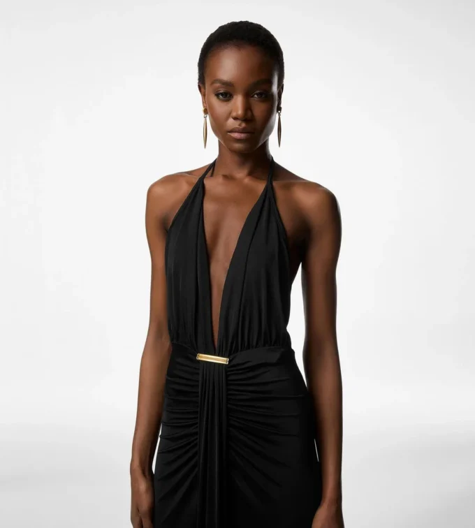 V-Neck Evening Dress with Draped Waterfall Detail