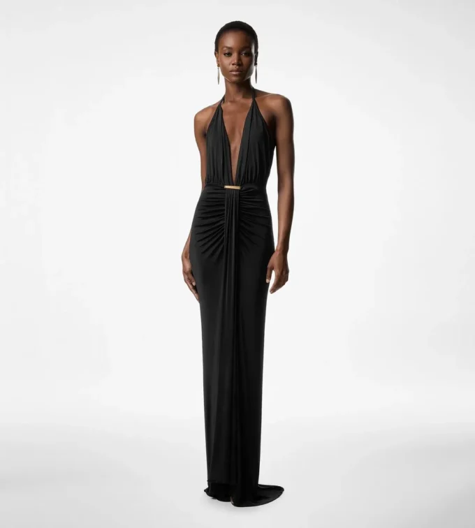 V-Neck Evening Dress with Draped Waterfall Detail